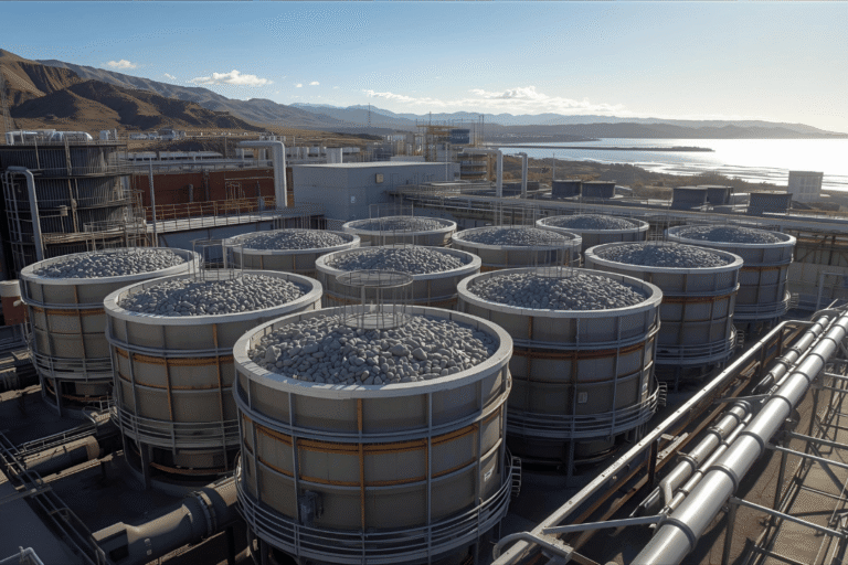 Chilean coal station converted to a thermal storage plant with packed rock‑bed tanks, electric heaters, and air‑to‑steam generator feeding the turbine hall.